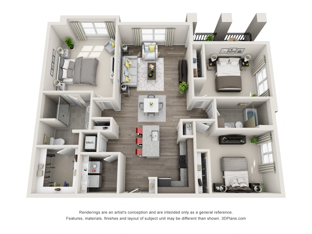 Floor plan for 3 beds, 2 baths, 1380 sqft
